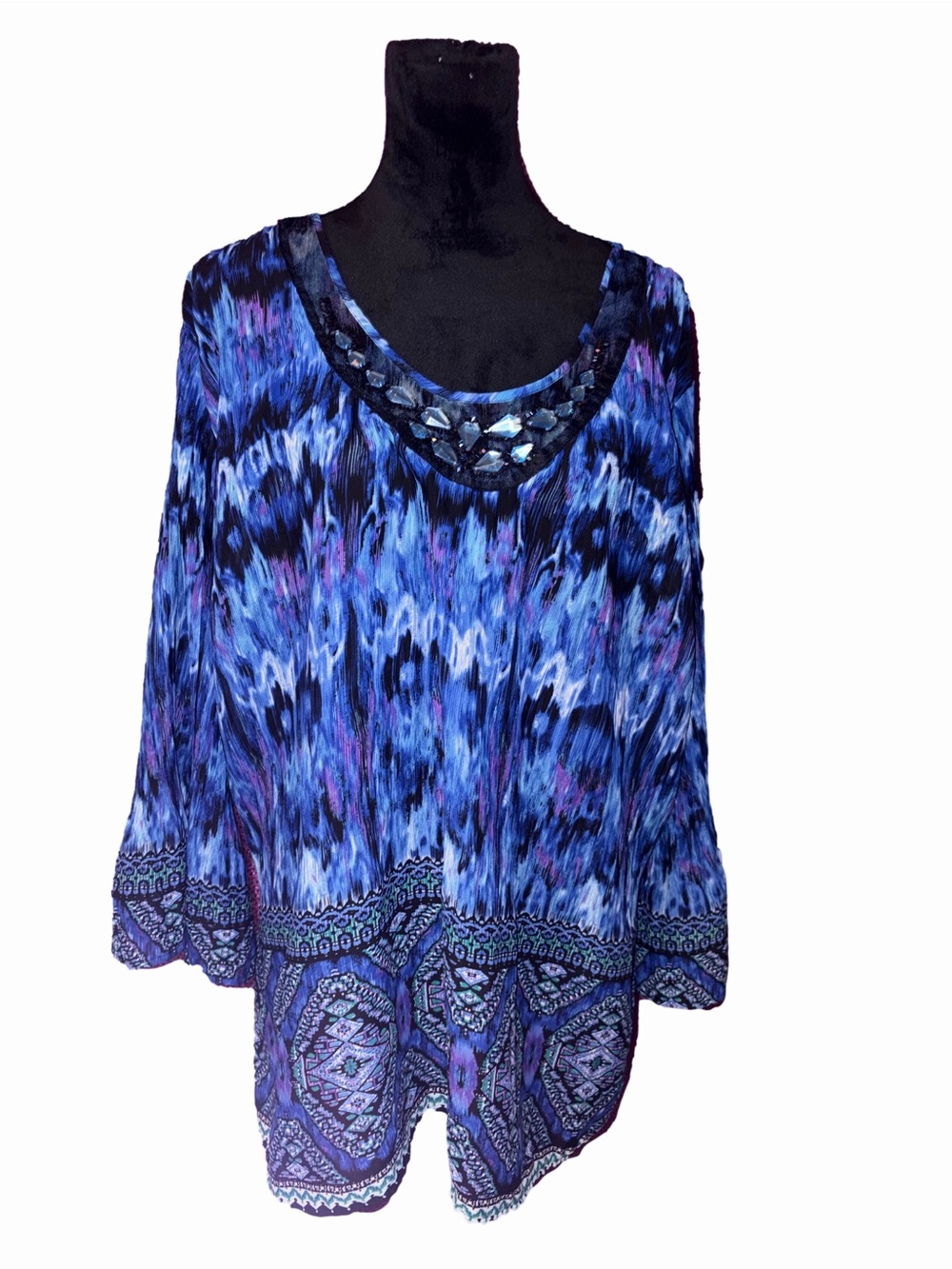 Cato Woman 18/20W Blue Purple Beaded Tunic Top Plus Size 3/4 Sleeve Boho